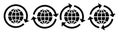 Set of four black globe icons with circular arrows, symbolizing global connection, synchronization, internet, worldwide Royalty Free Stock Photo