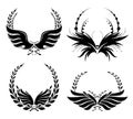 Set of four black laurel wreath and wing silhouettes