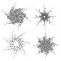 Set of four black snowflakes on a white background. Abstract computer generated fractal image of a snowflake Royalty Free Stock Photo