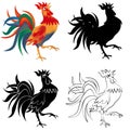 Set of four black, white and colored roosters isolated on white background. 2017 fiery red rooster. illustration Royalty Free Stock Photo