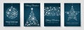 Set of four blue christmas cards with christmas ornaments - ball, tree, stripe and star