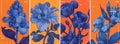Set of four blue iris flower illustrations and vector graphics on an orange background.