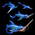 Set of four blue swordfishes, cartoon characters