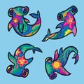 Set of four bright floral hammerhead shark in hand drawn style Royalty Free Stock Photo