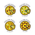 Set of four bright pizza logos for delivery, product, cafe, restaurant, pizzeria