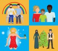Set of four bright vector flat illustrations showing that people have to be tolerant