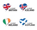 Set of four British, Icelandic, Irish and Scottish heart shaped stickers. I love Britain, Iceland, Ireland and Scotland Royalty Free Stock Photo