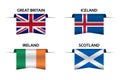 Set of four British, Icelandic, Irish and Scottish ribbons. Made in Britain, Made in Iceland, Made in Ireland and Made in Scotland Royalty Free Stock Photo