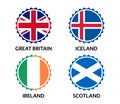 Set of four British, Icelandic, Irish and Scottish stickers. Made in Britain, Made in Iceland, Made in Ireland Royalty Free Stock Photo