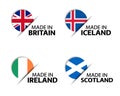 Set of four British, Icelandic, Irish and Scottish stickers. Made in Britain, Made in Iceland, Made in Ireland