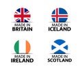 Set of four British, Icelandic, Irish and Scottish stickers. Made in Britain, Made in Iceland, Made in Ireland