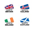 Set of four British, Icelandic, Irish and Scottish stickers. Made in Britain, Made in Iceland, Made in Ireland and Made in Scottla