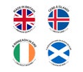 Set of four British, Icelandic, Irish and Scottish stickers. Made in Britain, Made in Iceland, Made in Ireland
