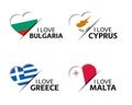 Set of four Bulgarian, Cyprus, Greek and Malta heart shaped stickers. Made in Bulgary, Cyprus, Greece and Malta. Made in Greece