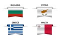 Set of four Bulgarian, Cyprus, Greek and Malta ribbons. Made in Bulgary, Made in Cyprus, Made in Greece and Made in Malta stickers