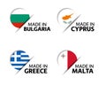 Set of four Bulgarian, Cyprus, Greek and Malta stickers. Made in Bulgary, Made in Cyprus, Made in Greece and Made in Malta