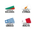 Set of four Bulgarian, Cyprus, Greek and Malta stickers. Made in Bulgary, Made in Cyprus, Made in Greece and Made in Malta