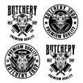 Set of four butchery shop vector emblems, badges, labels or logos in vintage monochrome style isolated on white Royalty Free Stock Photo