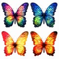 A set of four butterflies of different colors, bright vivid colors, digital art style. AI generative