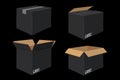 Set of Four Cardboard Boxes. Open and Closed Black Box Royalty Free Stock Photo