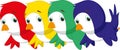 A set of four cartoon birds in three colors