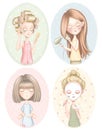 Set with four cartoon girls who do beauty treatments Royalty Free Stock Photo