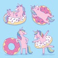 A set of four cartoon unicorns with inflatable donuts