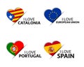 Set of four Catalonia, European Union, Portuguese and Spanish heart shaped stickers. I love Catalonia, European Union, Portugal