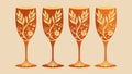A set of four champagne flutes with intricate etching of vines and leaves inspired by art nouveau designs. Vector