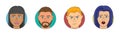 Set of four character avatars with different mood. Angry, happy and scared human face. Female and male characters icon in circle.