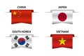 Set of four Chinese, Japanese, Korean and Vietnamese ribbons. Made in China, Made in Japan, Made in South Korea