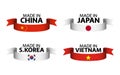Set of four Chinese, Japanese, South Korean and Vietnamese ribbons. Made in China, Made in Japan, Made in South Korea