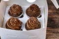 Set of four chocolate mafins in cardboard box. Cupcakes are decorated with chocolate butter cream Royalty Free Stock Photo