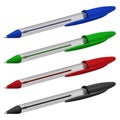 Set of four colored plastic ballpoint pens with caps, in a transparent hexagonal case