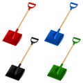 Set of four colored plastic shovels snow shovel with wooden handles, vector illustration