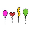 Set of four colorful helium balloons with different shapes and colors. Collection of hand drawn illustrations Royalty Free Stock Photo