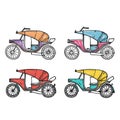 Set four colorful rickshaw illustrations, traditional Asian transport, isolated white. Handdrawn