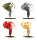 Set of four colorful tornadoes with different styles, capturing dynamic motion and natural disaster theme. Artistic