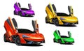 Set of four coloured mclaren sports cars fast luxury car vehicles isolated white Royalty Free Stock Photo