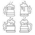 Set of four contour vintage beer mugs with beer foam. Flat outline isolated vector illustration. Template for a pub, bar,