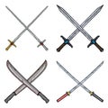 Set of four crossed blades-rapiers, swords, machetes and Katanas. Royalty Free Stock Photo