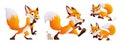 A set of four cunning but cute foxes. Adult foxes in dynamic poses. Wild animals of the forest. Vector cartoon style