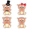 Set of four cute, beautiful, brown bear girl and boy with big head and blue eyes in cylinder and bow tie, bow and pearl necklace o Royalty Free Stock Photo