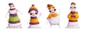 Set of four cute cartoon snowmen. Emotional characters, detailed snowmen in winter warm hats and knitted sweaters, showing Royalty Free Stock Photo