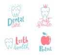 Set of four cute cartoon stomatology logos. Royalty Free Stock Photo