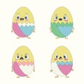 Set of four Cute character little chicken Easter egg. Easter. Vector illustration.