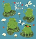 Set of four cute frogs hand-draw in cartoon style