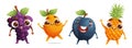 Set of four cute fruit characters. Little happy grapes, lemon, plum and pineapple. Dynamic poses, colorful detailed