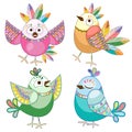 Birds Cute Ethnic Flat Cartoon Characters Vector Illustration isolated on white Royalty Free Stock Photo