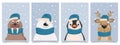 Set of four cute little kawaii cartoon arctic animals wearing scarves and hats in the snow. Polar bear, fawn, walrus, penguin. Royalty Free Stock Photo